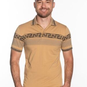 Men’s Tan Polo Shirt with Greek Key Design | Luxury Casual Style